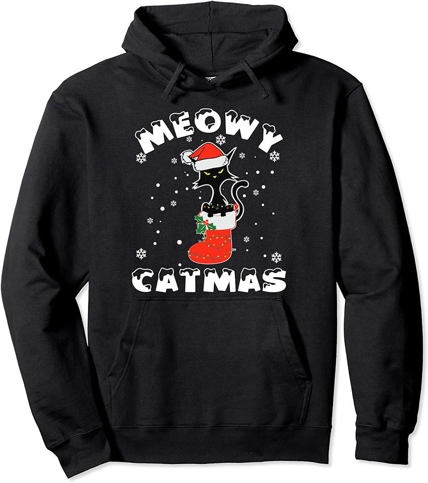 Black Cat Christmas Lights Merry Meowy Catmas 2021 Pullover