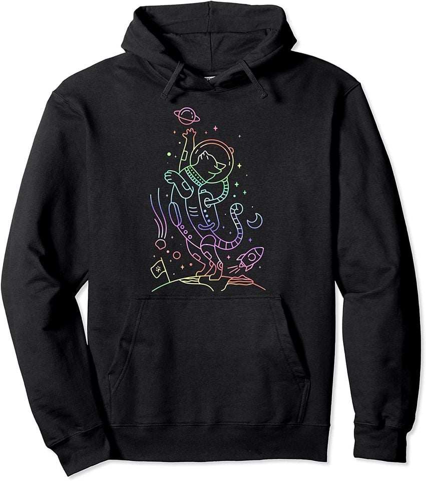 Trippy Color Cat Trippy Colorful Line Art Space Astronaut Pullover
