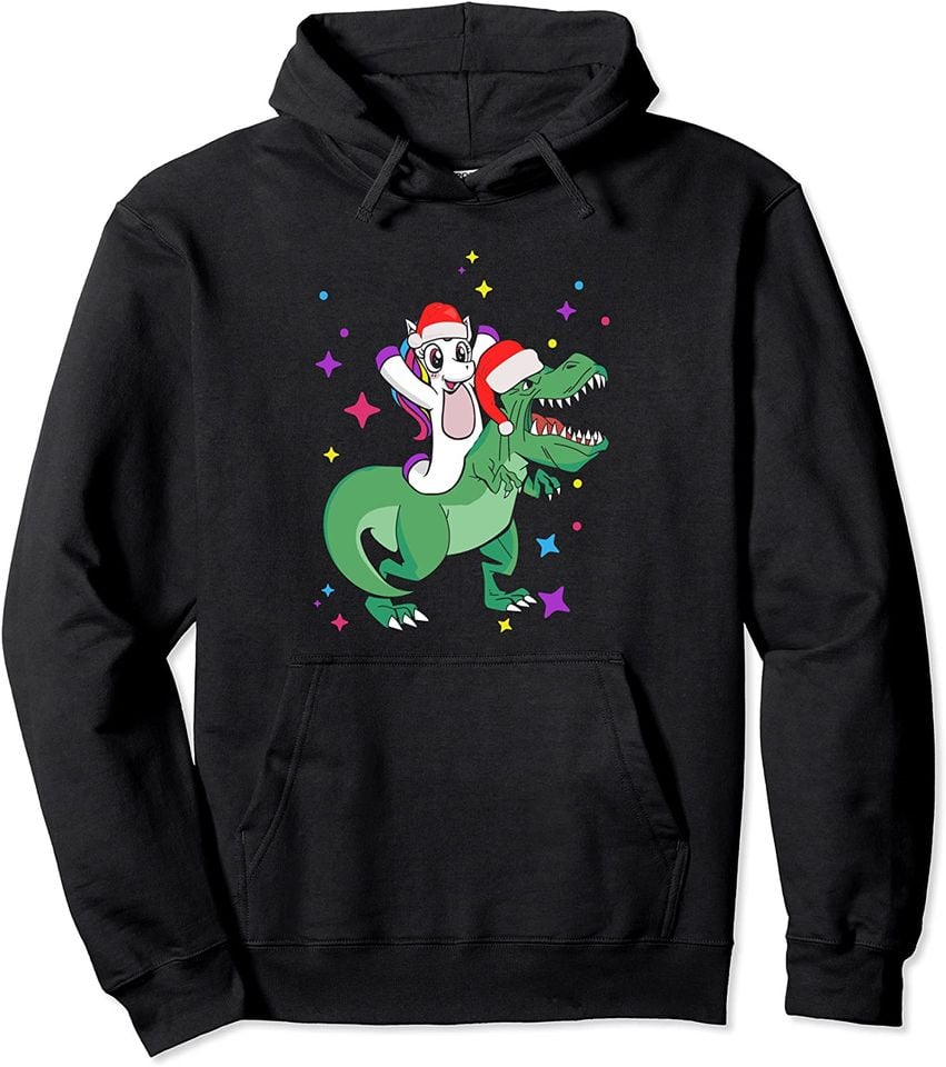 Cute Santa Unicorn Riding Trex Dino Christmas Dinosaur Pullover
