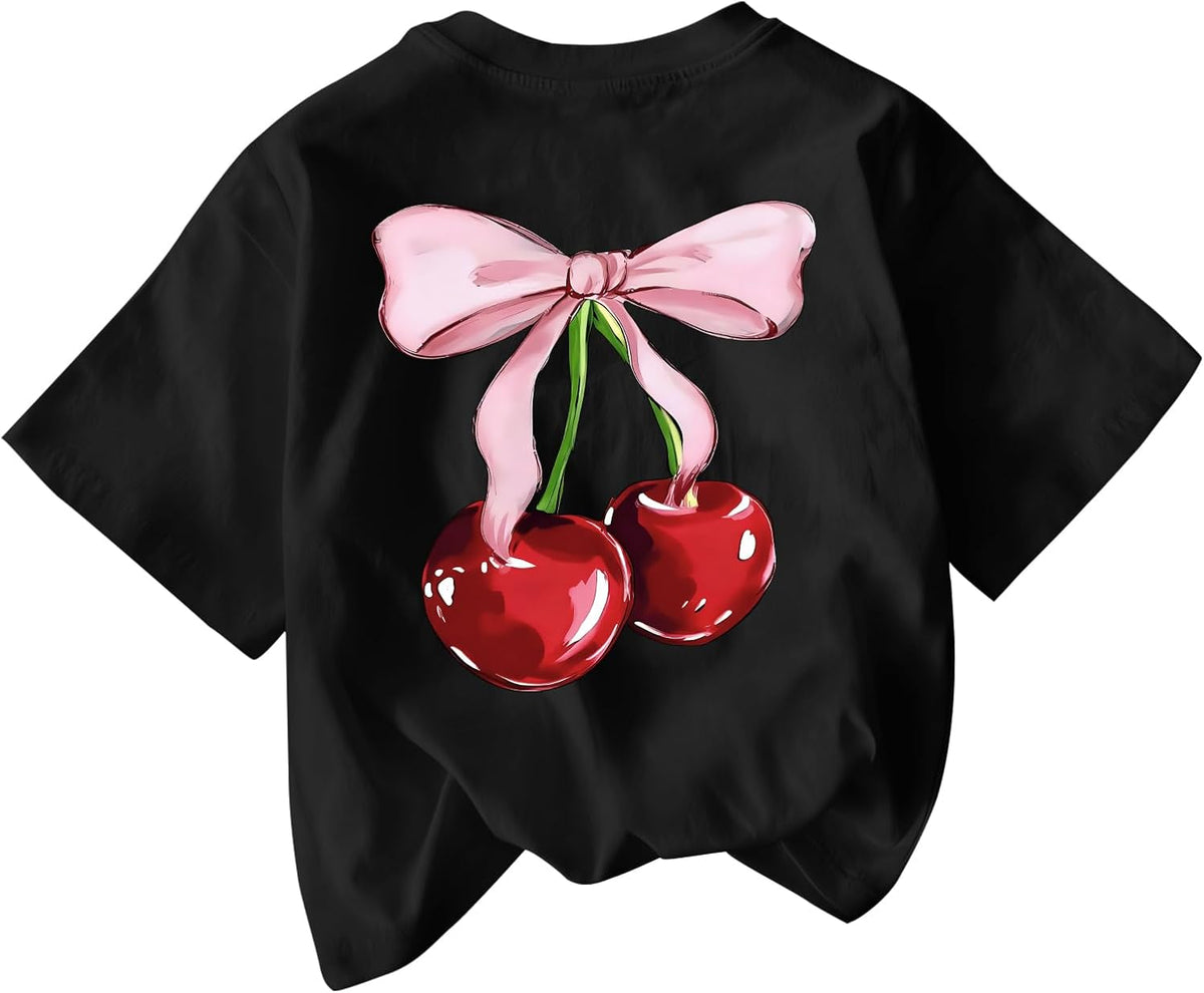 Cute Shirts for Girls Cherry Bow Shirt Kids Graphic Tees Preppy Summer T-Shirt Aesthetic Clothes Trendy Tops