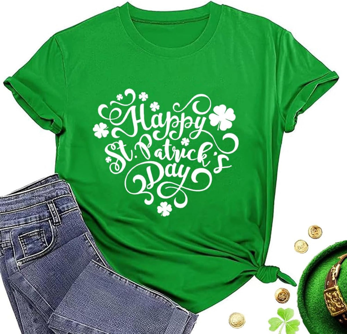 Happy St Patrick's Day Cotton Shirt for Women Clover Graphic Print Summer Athletic Short Sleeve Roundneck Casual Tee Tops