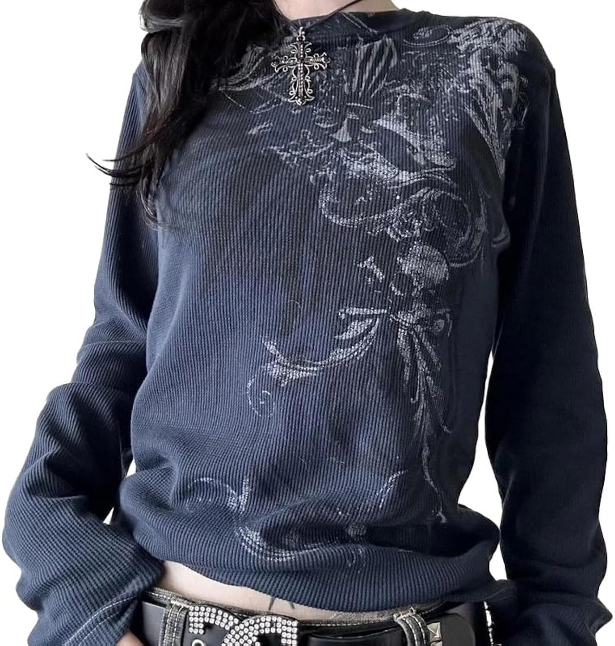 Y2K Grunge Graphic T-Shirt Goth Skulls Print Long Sleeve Pullovers Tops Women Vintage Aesthetic Emo Tees