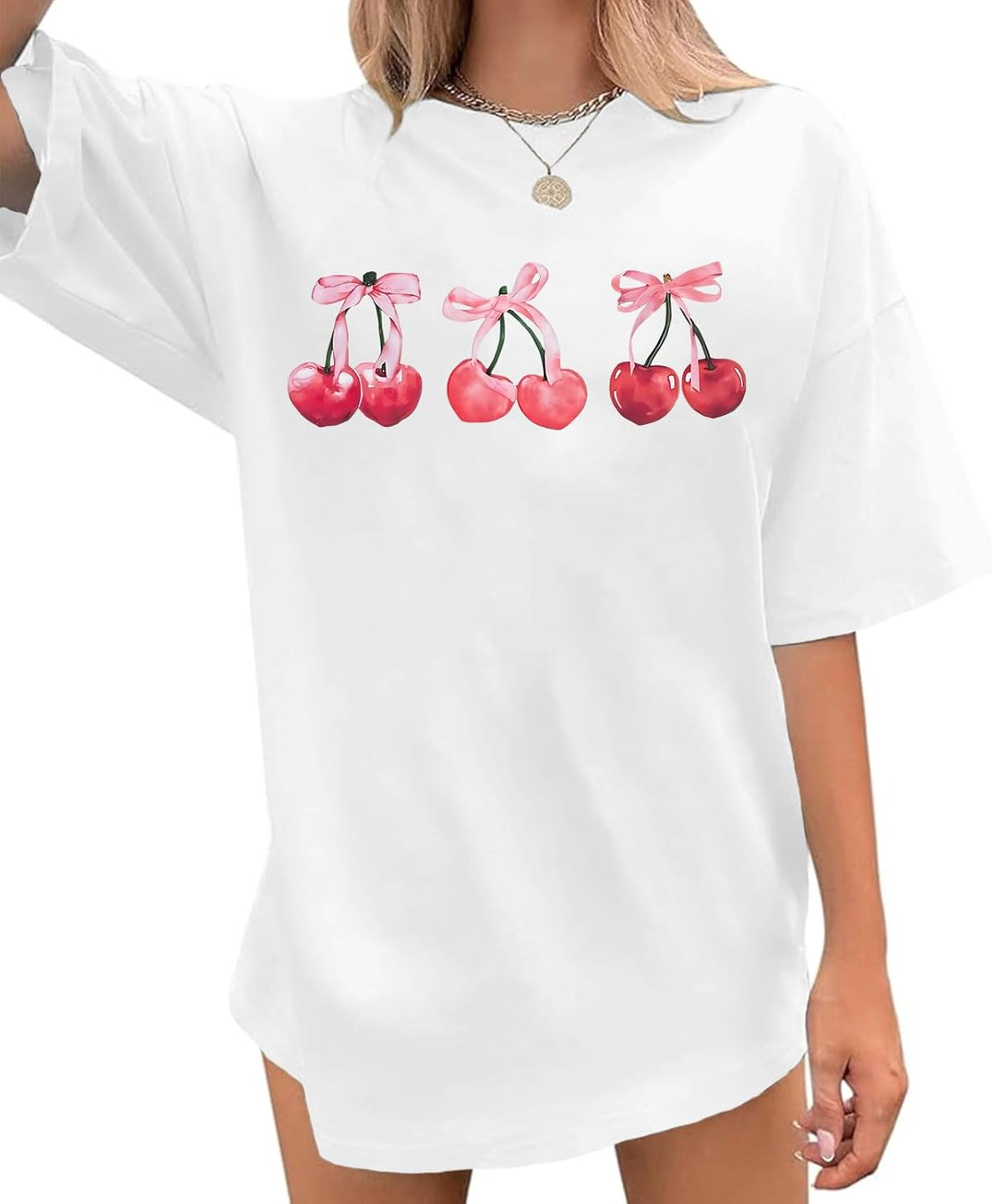 Cute Cherry Pink Bow T Shirts for Women Fruit Coquette Aesthetic Shirt Oversized Tshirts Graphic Tees Cotton Tops