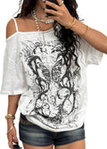 Women's Off The Shoulder Tops Y2K Gothic Graphic Tees Grunge Vintage Oversized T-Shirts Streetwear