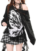 Women Goth T Shirt Harajuku Anime Graphic Y2K Tops Long Sleeve Off Shoulder Grunge Aesthetic Clothes
