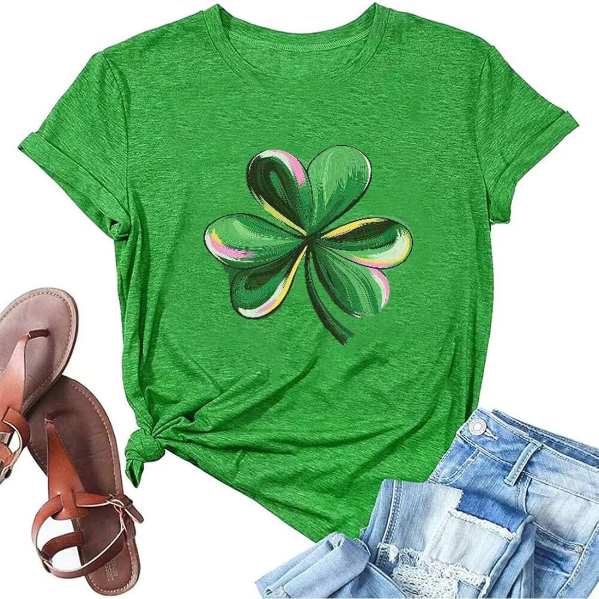 St. Patrick's Day Women's T-Shirt Funny Cute Casual Rainbow Leopard Love Heart Irish Lucky Shamrock Clover Graphic Tee Tops