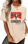 Cowboy Shirts for Women Western Vintage Rodeo T-Shirt Retro Bull Skull Graphic Tees Summer Casual Short Sleeve Tops