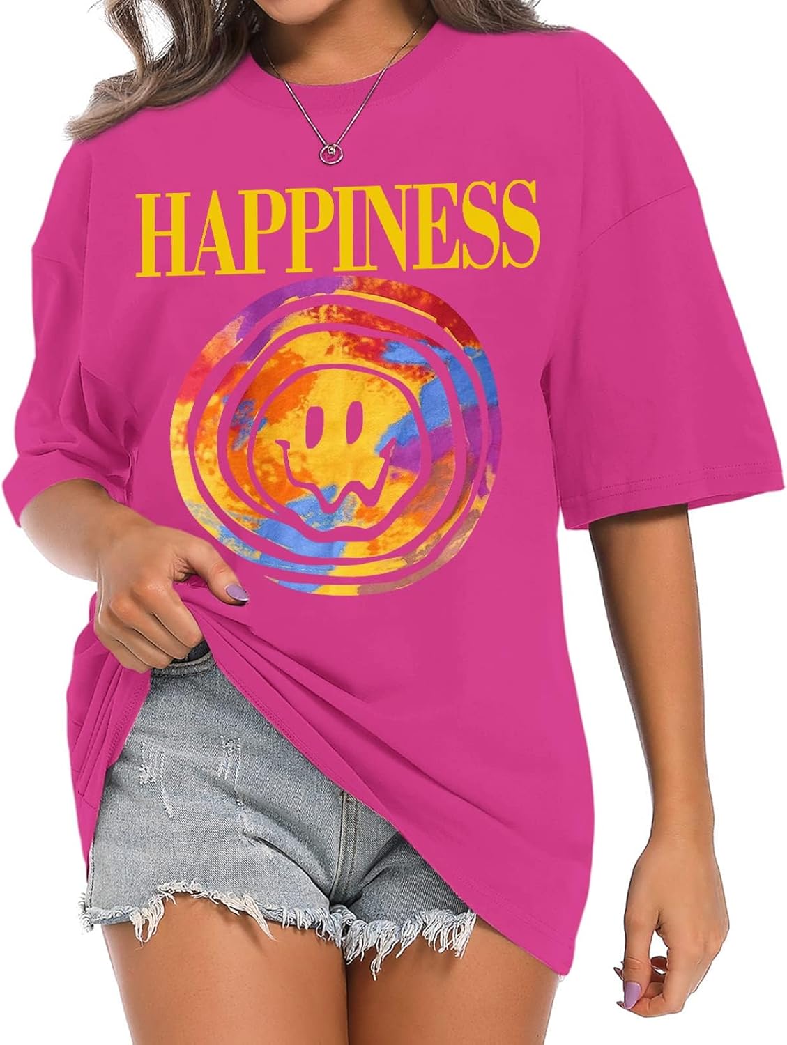 Smile Face Preppy Graphic Tees for Teen Girls Gym Baggy Cute Oversized T Shirts Slogan Aesthetic Tops for Women