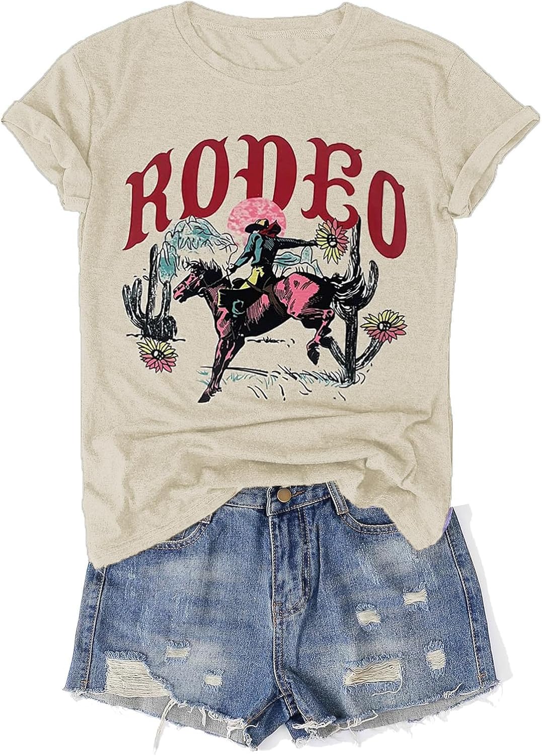 Western Rodeo Shirt for Women Retro Cowboy Graphic Tee Cowgirl Country Music T Shirt Cow Skull Print Tops Casual Tops