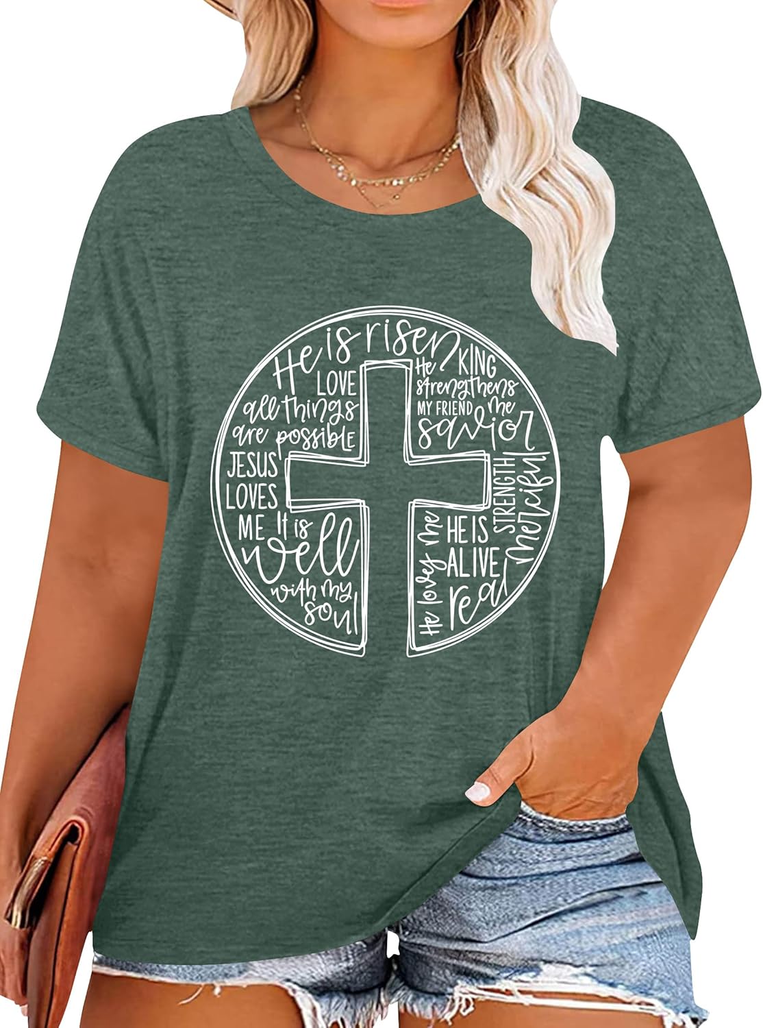 Plus Size Easter Shirts for Women He is Risen Graphic Shirt Christian Short Sleeve Retro Jesus Faith Tee Tops