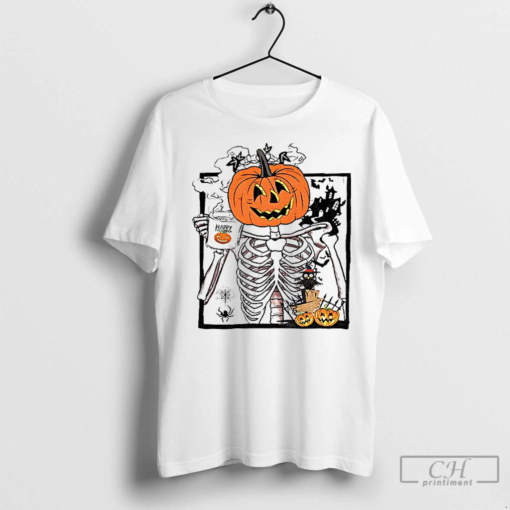 Classic Pumpkin Skeleton Drinking Coffee Funny Halloween