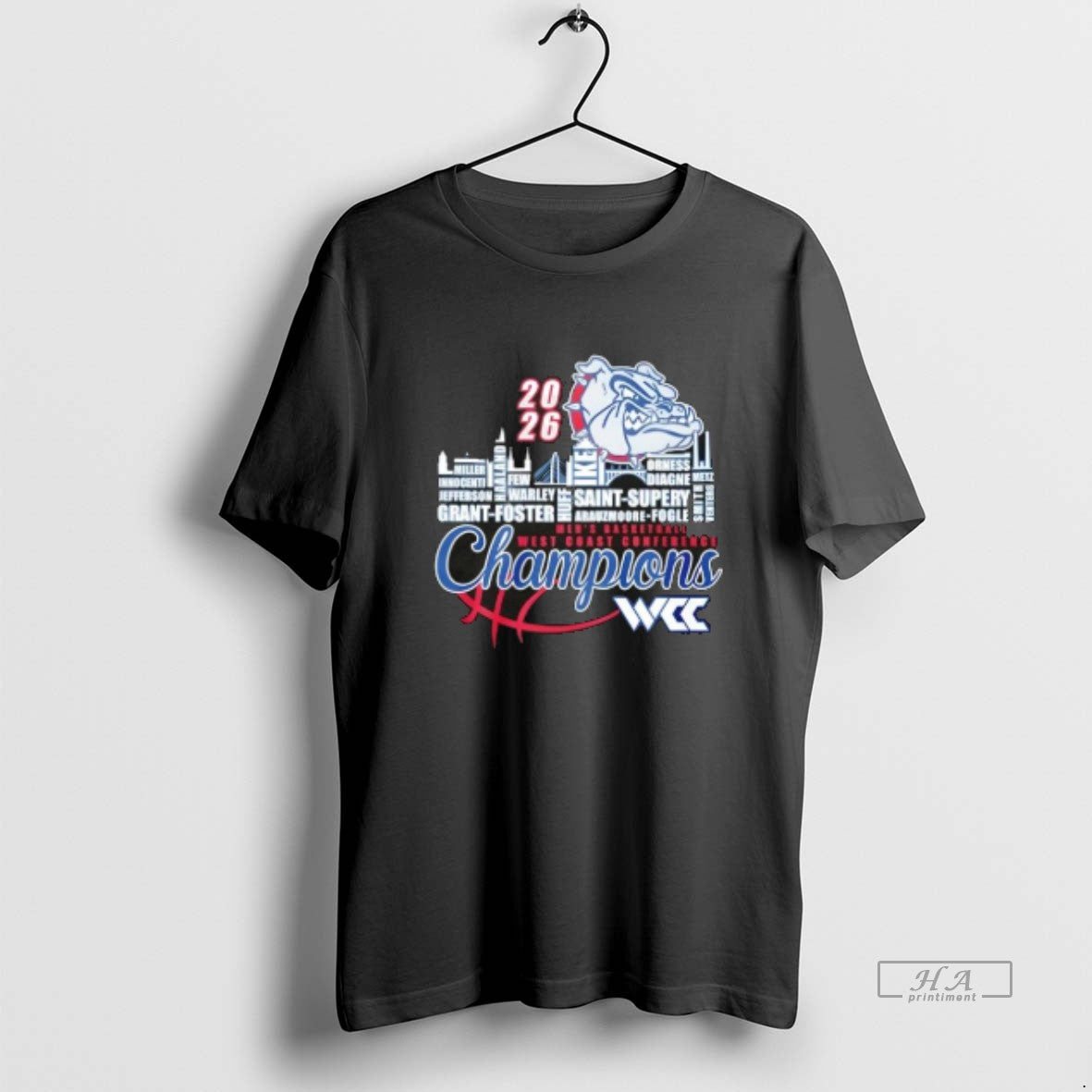 Official 2026 Mens Basketball West Coast Conference Champions Gonzaga Bulldogs All Names City
