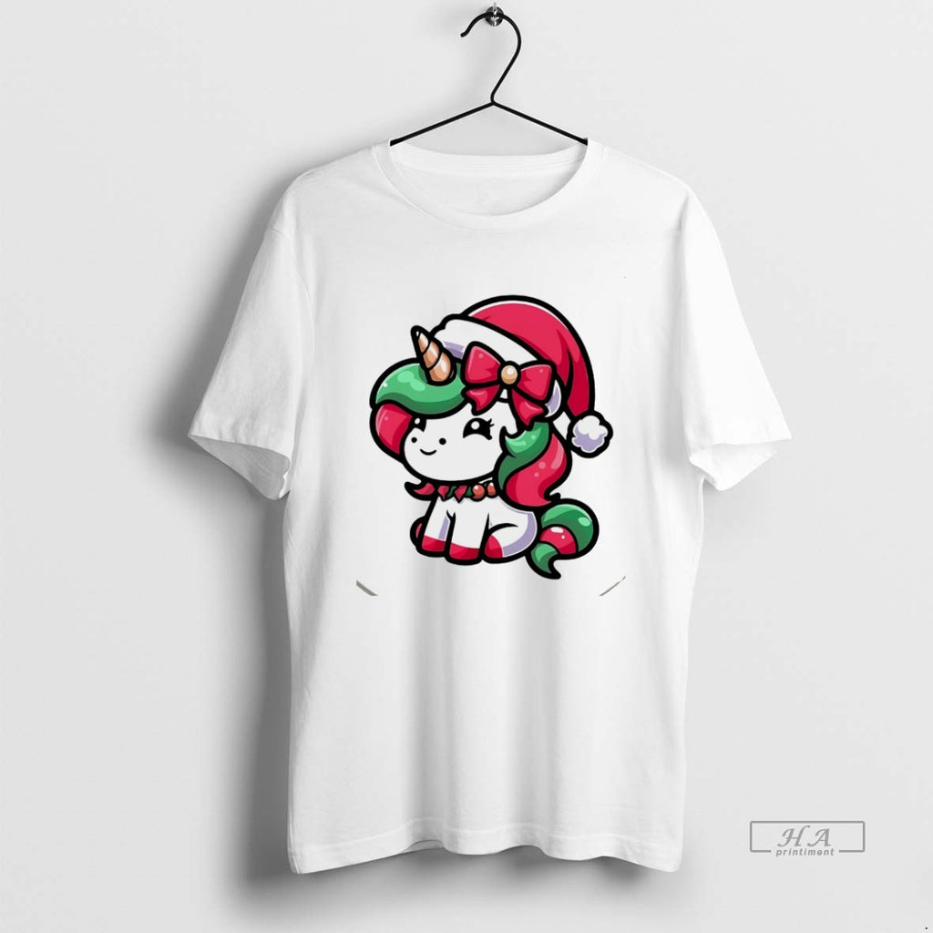 Official Cute Santa Unicorn Red Bow Christmas White