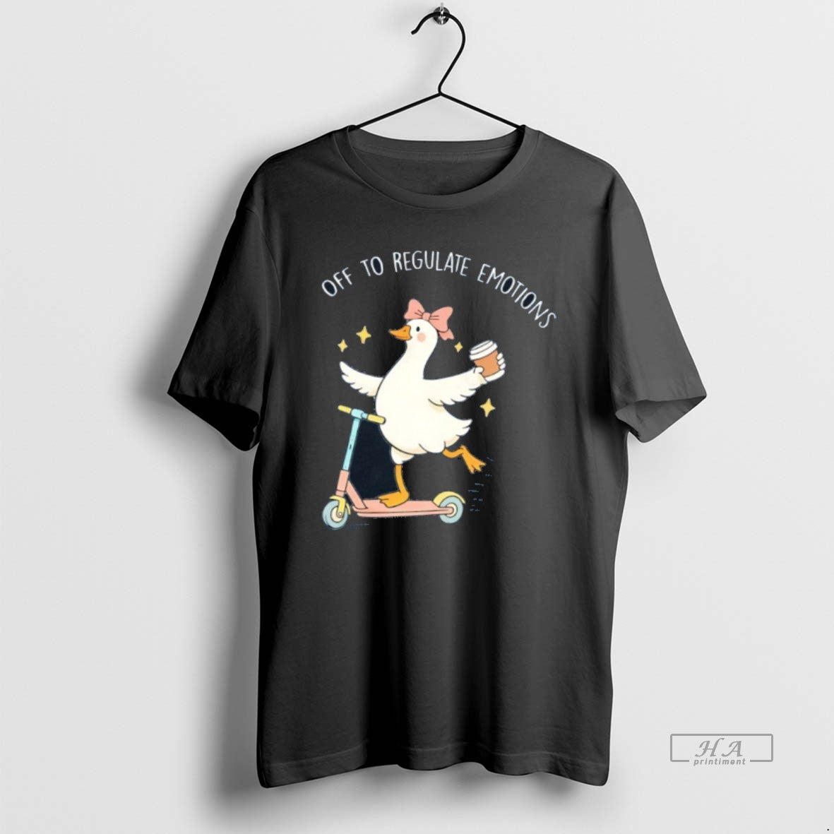 Official Goose Driving Scooter And Holding Coffee Cup Off To Regulate Emotions