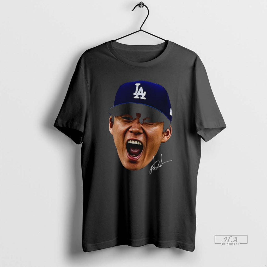 Official Yoshinobu Yamamoto Big Face Fan Inspired Los Angeles Dodgers Meme Signature