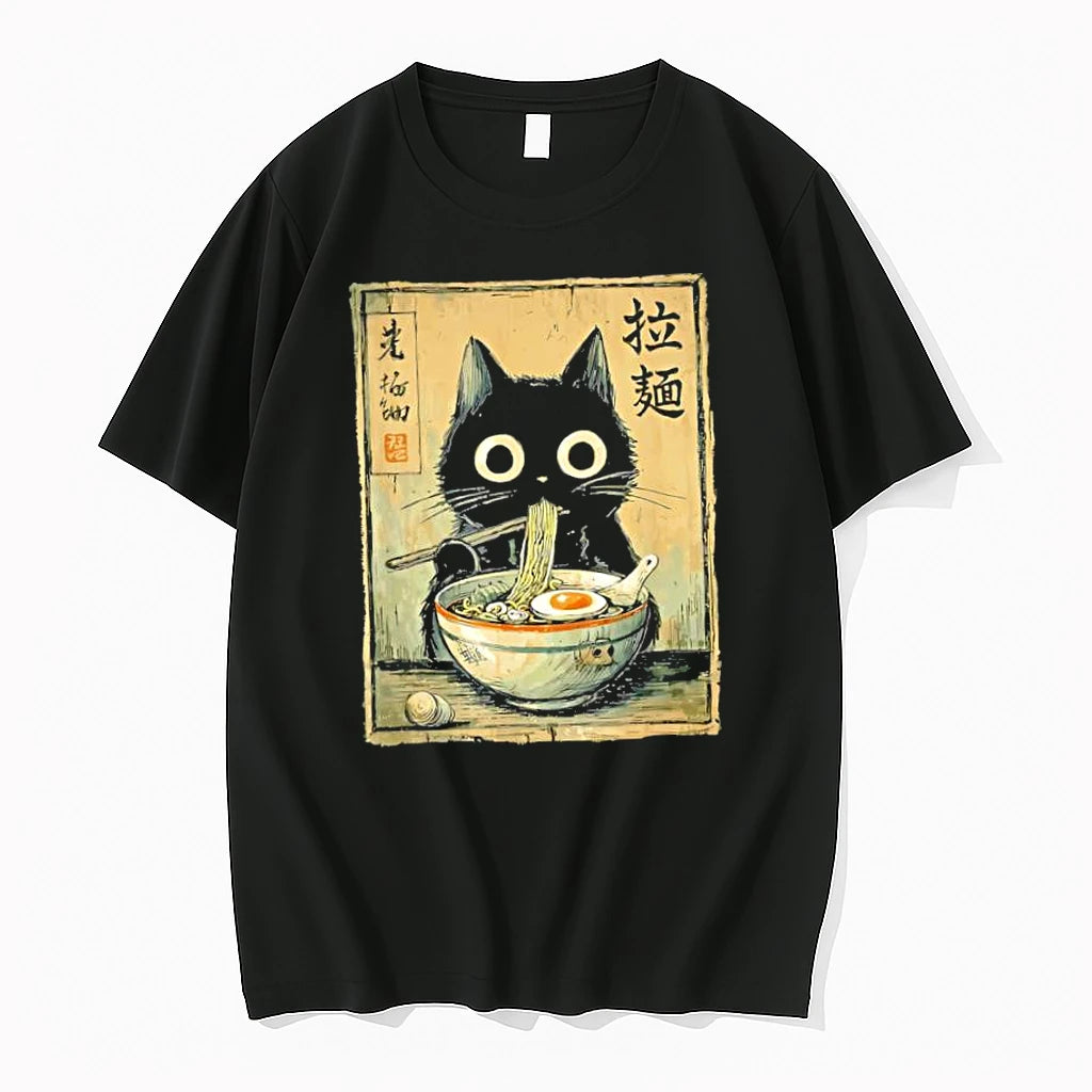 Officials Black Cat Ramen Eating Noodles Japanese Kanji Premium T Shirt