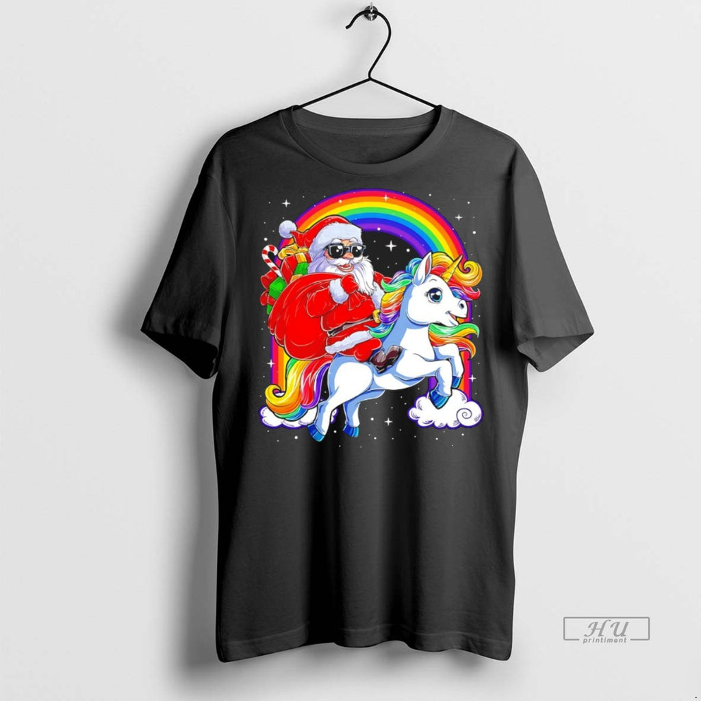 Officials Christmas Santa Claus Riding Rainbow Unicorn Graphic Tee Shirt Sweater