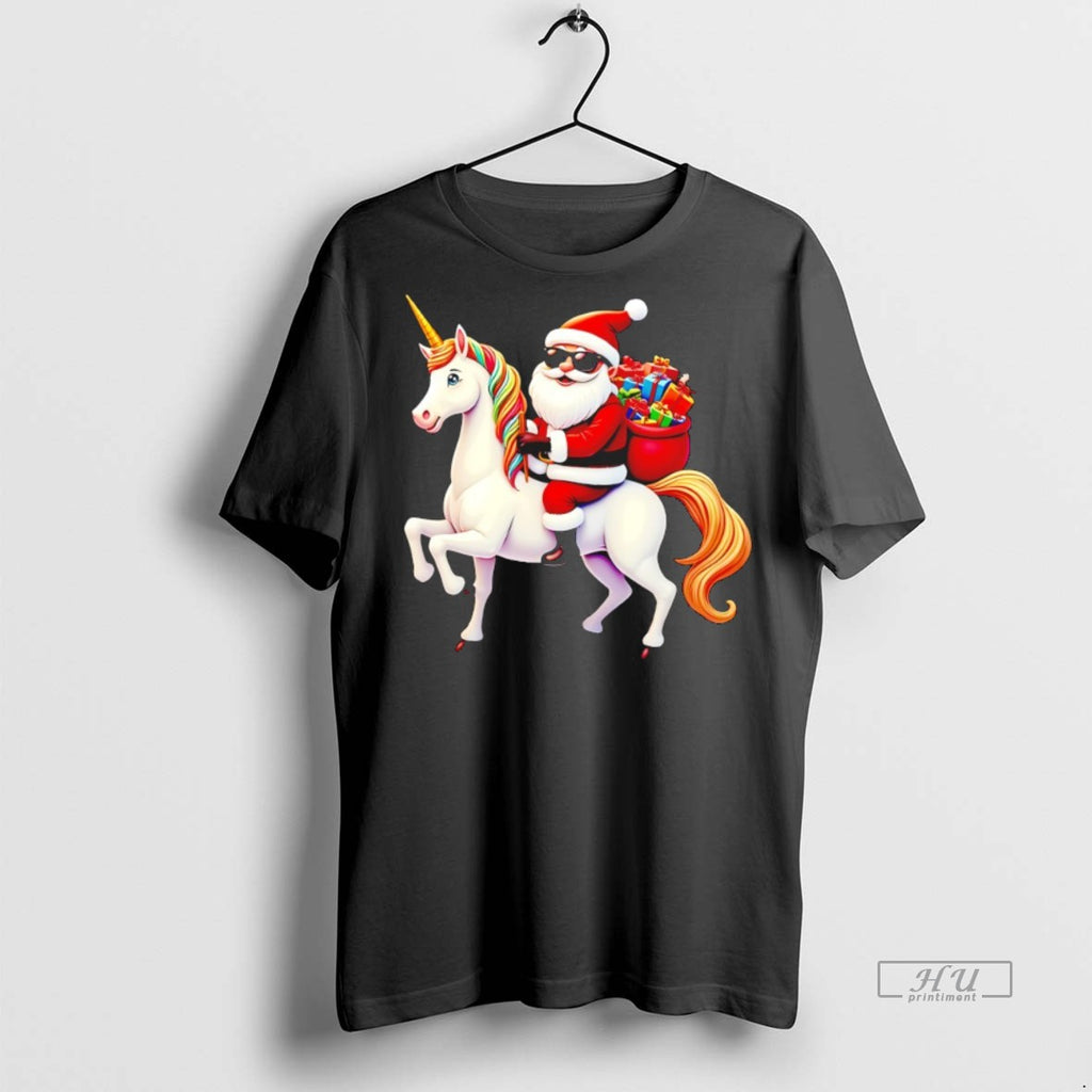 Officials Cool Santa Riding Unicorn With Gifts Rainbow Christmas Graphic Tee Shirt Sweater