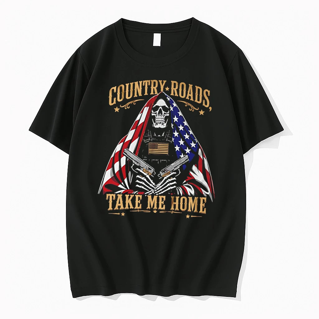 Officials Country Roads Take Me Home Skeleton American Flag Tee Premium T Shirt