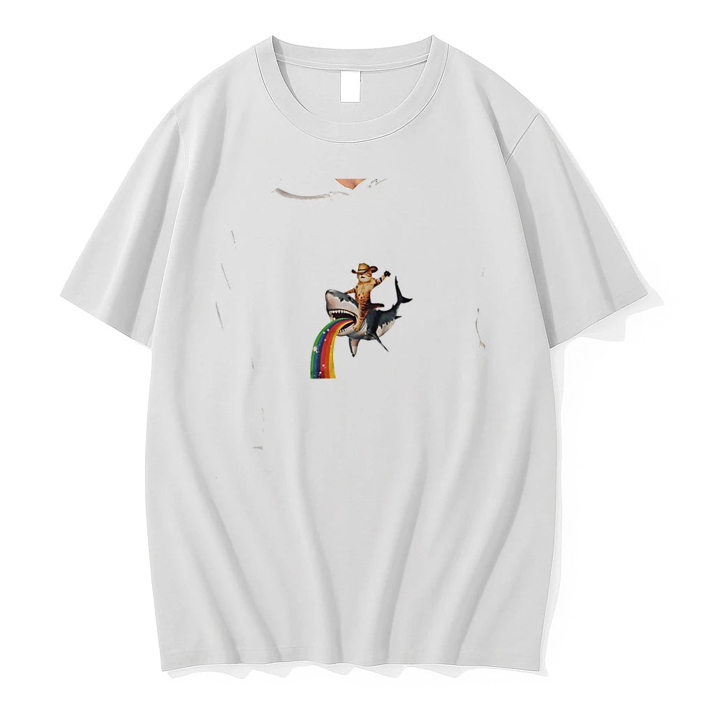 Officials Cowboy Cat Riding Shark Puking Rainbow Space Adventure Animal Premium T Shirt