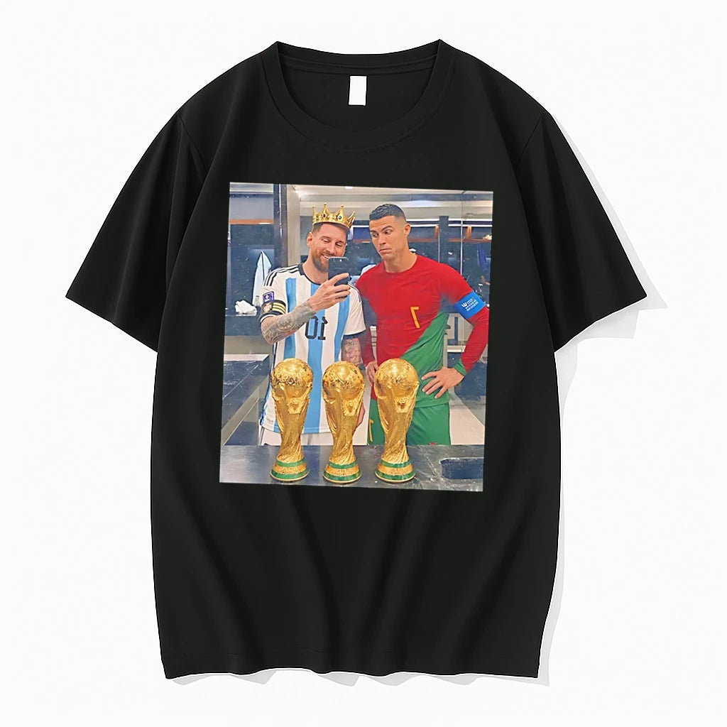 Officials Cristinano Ronaldo And Lionel Messi Selfie With Trophies Tee Premium T Shirt