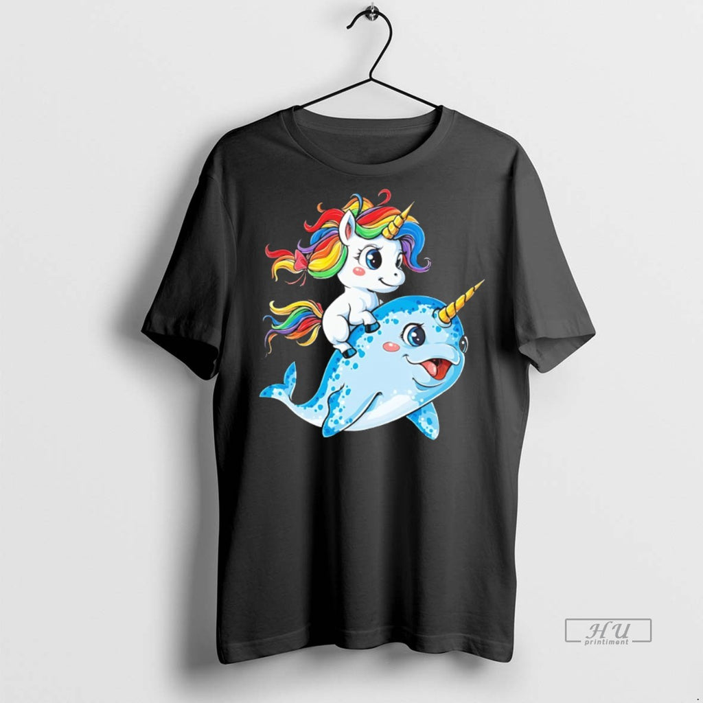 Officials Cute Unicorn Riding Narwhal Rainbow Friendship Graphic Tee Shirt Sweater