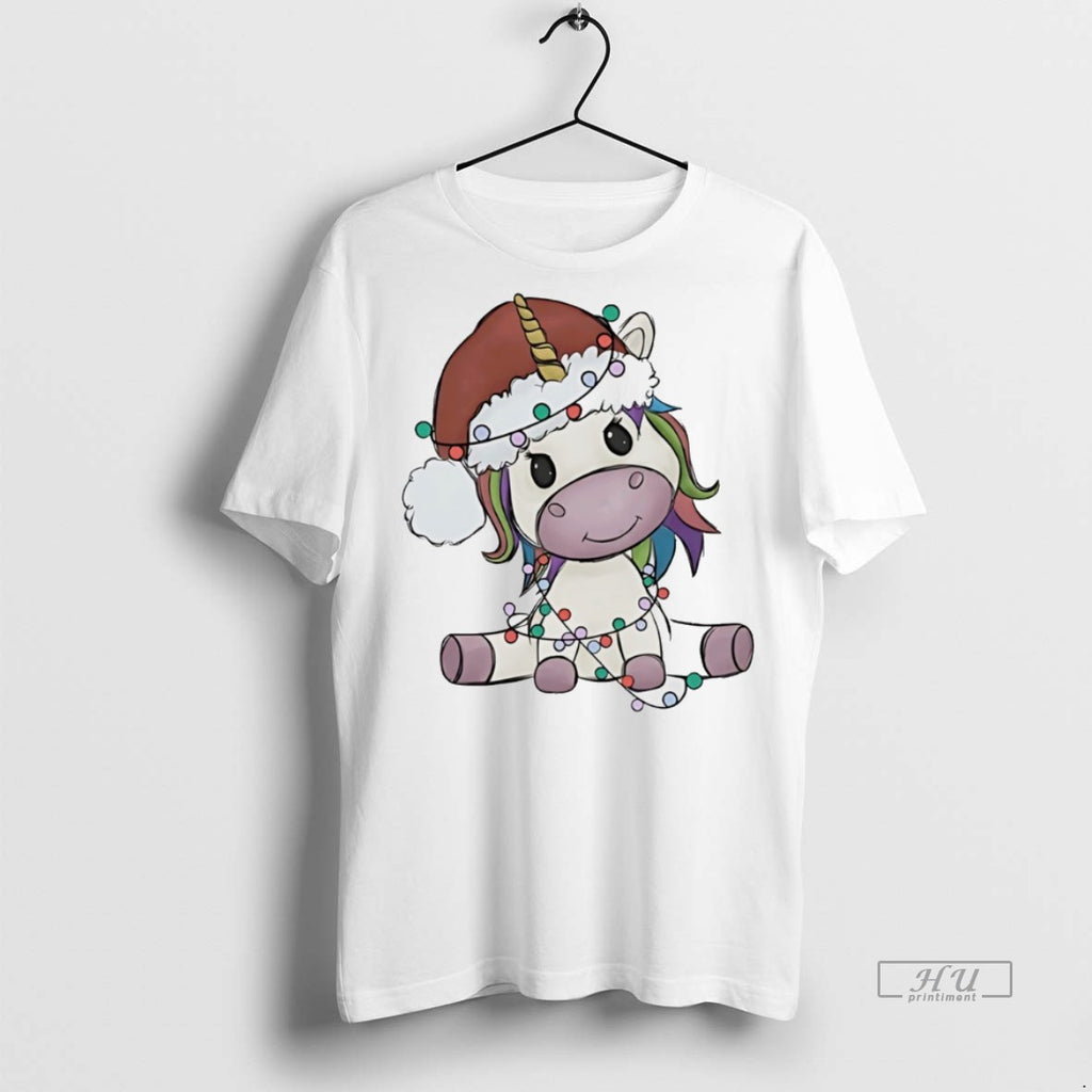 Officials Cute Unicorn Wrapped In Christmas Lights Santa Hat White Graphic Tee Shirt Sweater