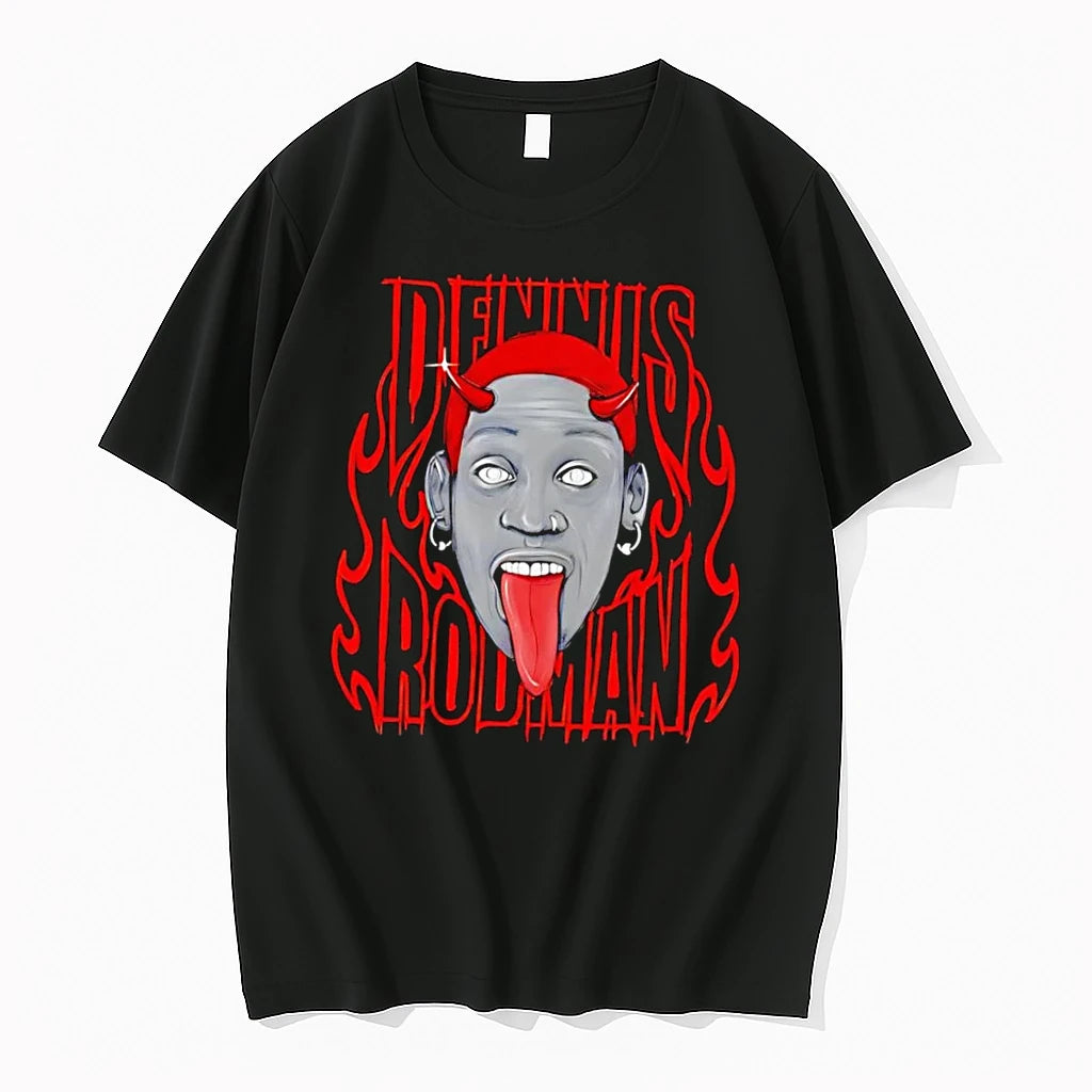 Officials Dennis Rodman Head With Red Horns And Fire Flame Graphic Black