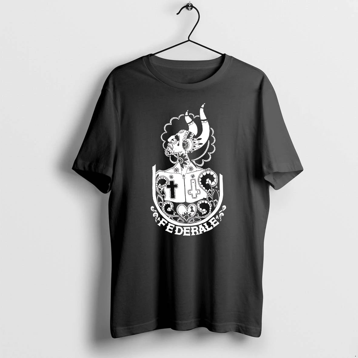 Officials Federale Day Of The Dead Horned Demon Cross Heart Keyhole Premium T Shirt