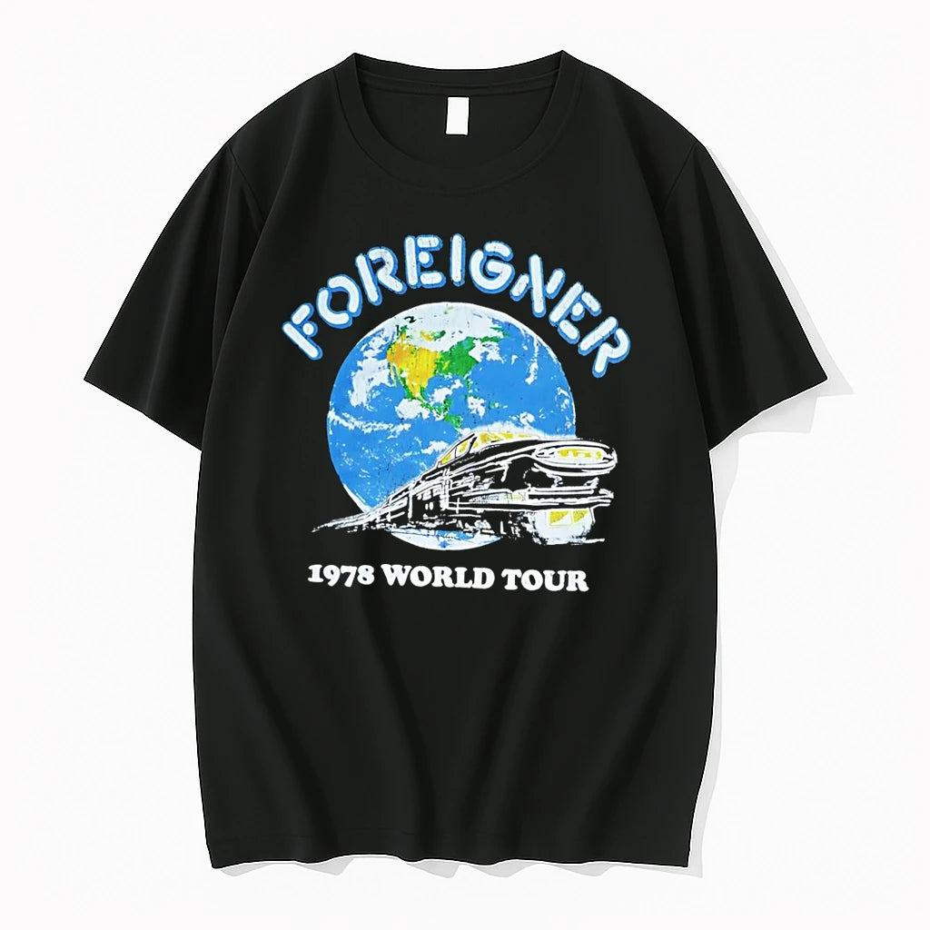 Officials Foreigner 1978 World Tour Globe With Car Graphic Black Premium T Shirt