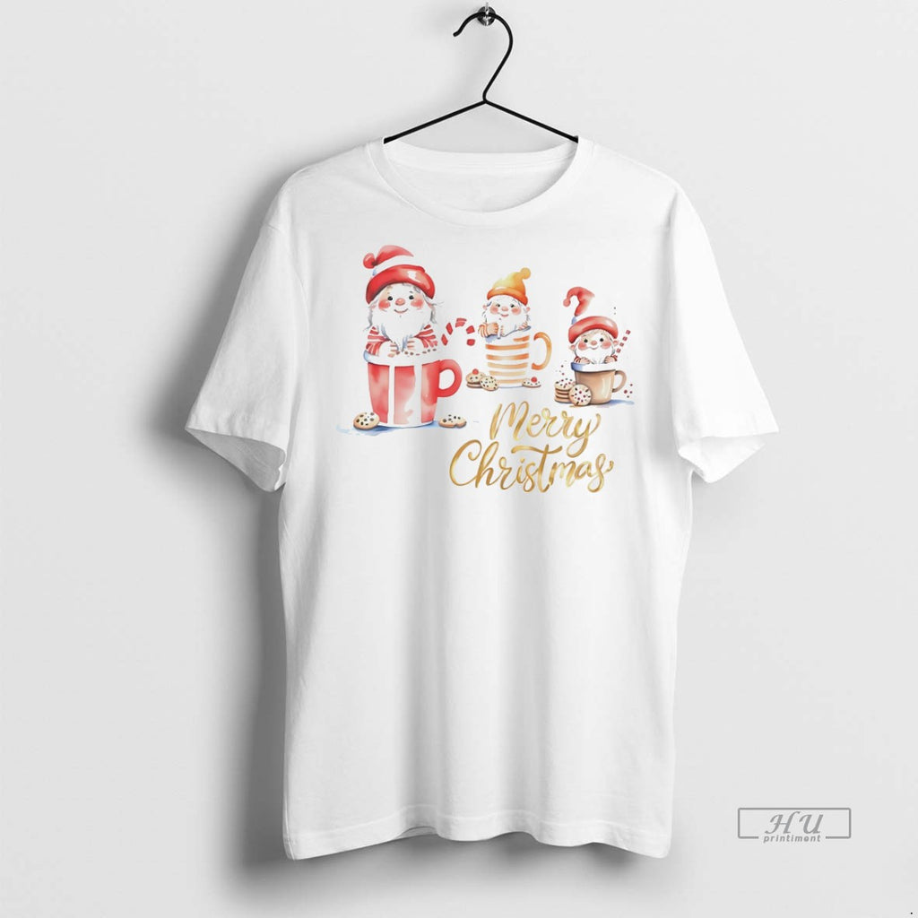 Officials Gnome In Coffee With Cookies Merry Christmas White Graphic Tee Shirt Sweater