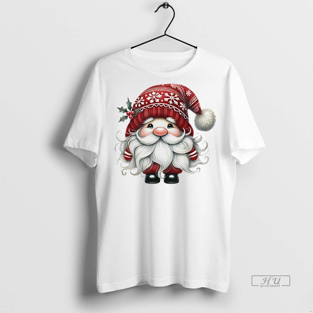 Officials Gnome In Red Snowflake Hat Holly Berries Holiday Christmas White Graphic Tee Shirt Sweater