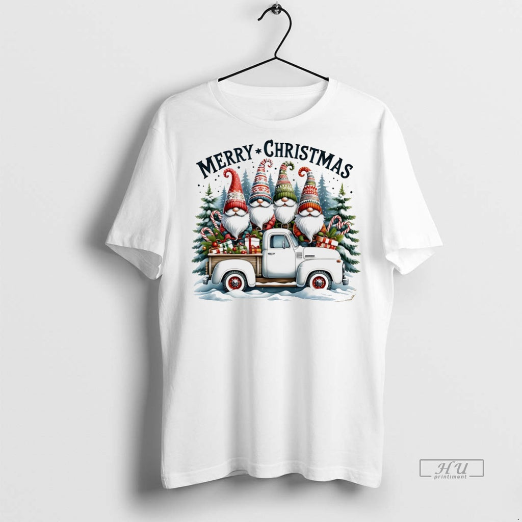Officials Gnomes Merry Christmas Truck White Graphic Tee Shirt Sweater