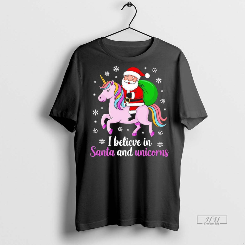 Officials I Believe In Santa And Unicorns Christmas Graphic Tee Shirt Sweater