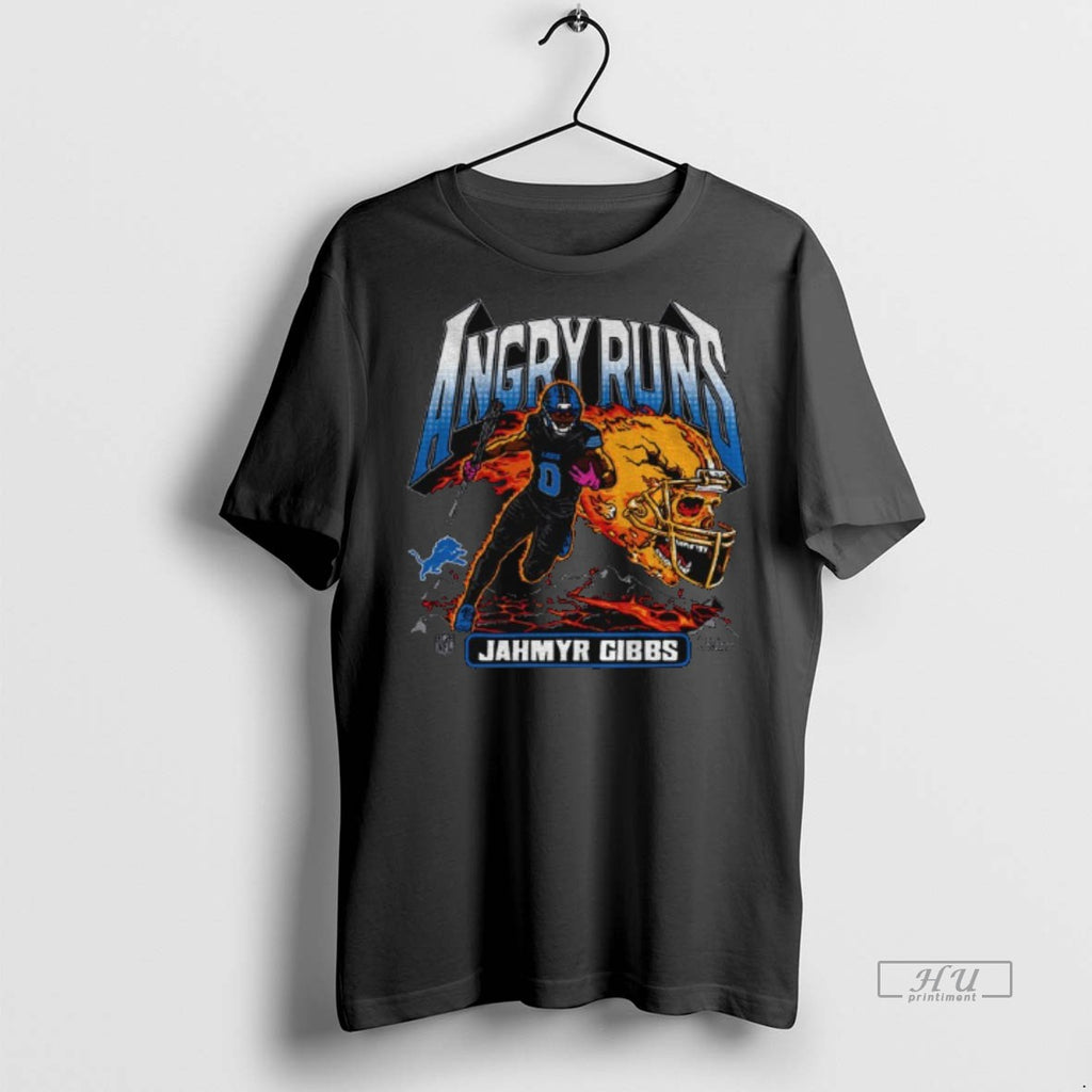 Officials Jahmyr Gibbs Detroit Lions Angry Runs Skeleton Fire Helmet Vintage Graphic Tee Shirt Sweater