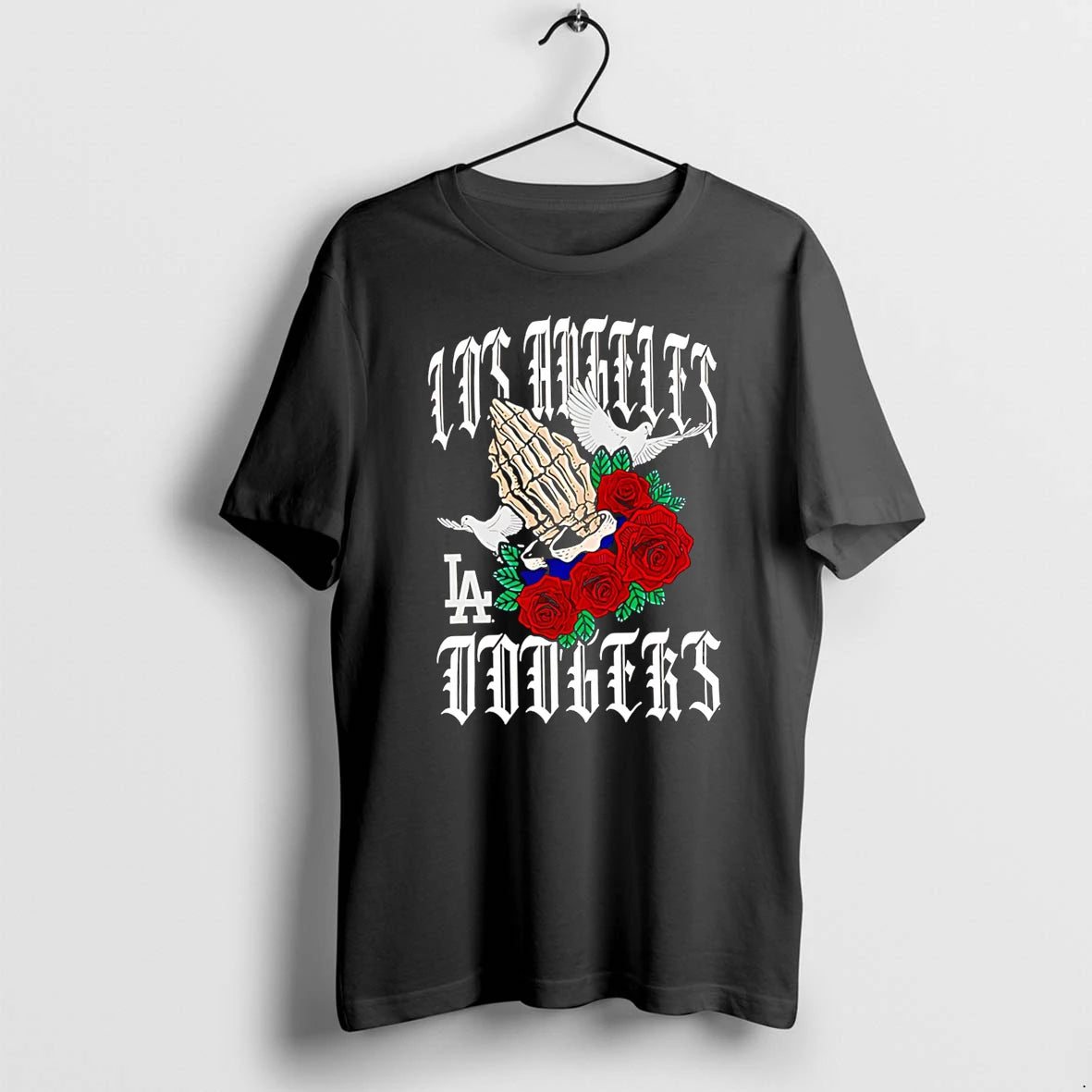 Officials Los Angeles Dodgers Praying Skeleton With Roses And Doves Premium T Shirt