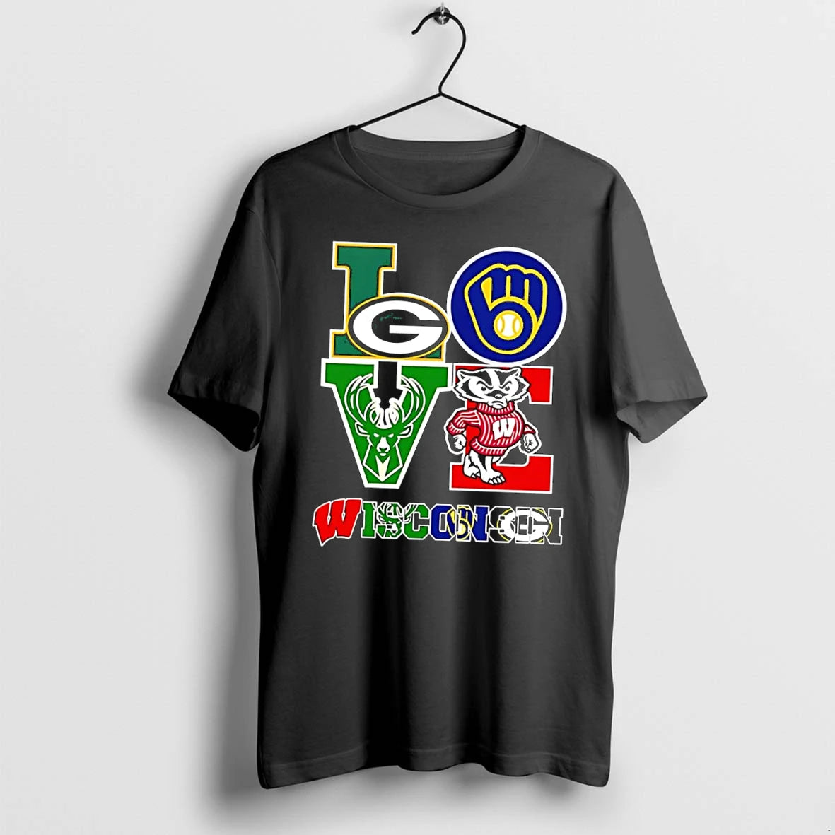 Officials Love Wisconsin Green Bay Packers Brewers Bucks Badgers Logos Black Premium T Shirt