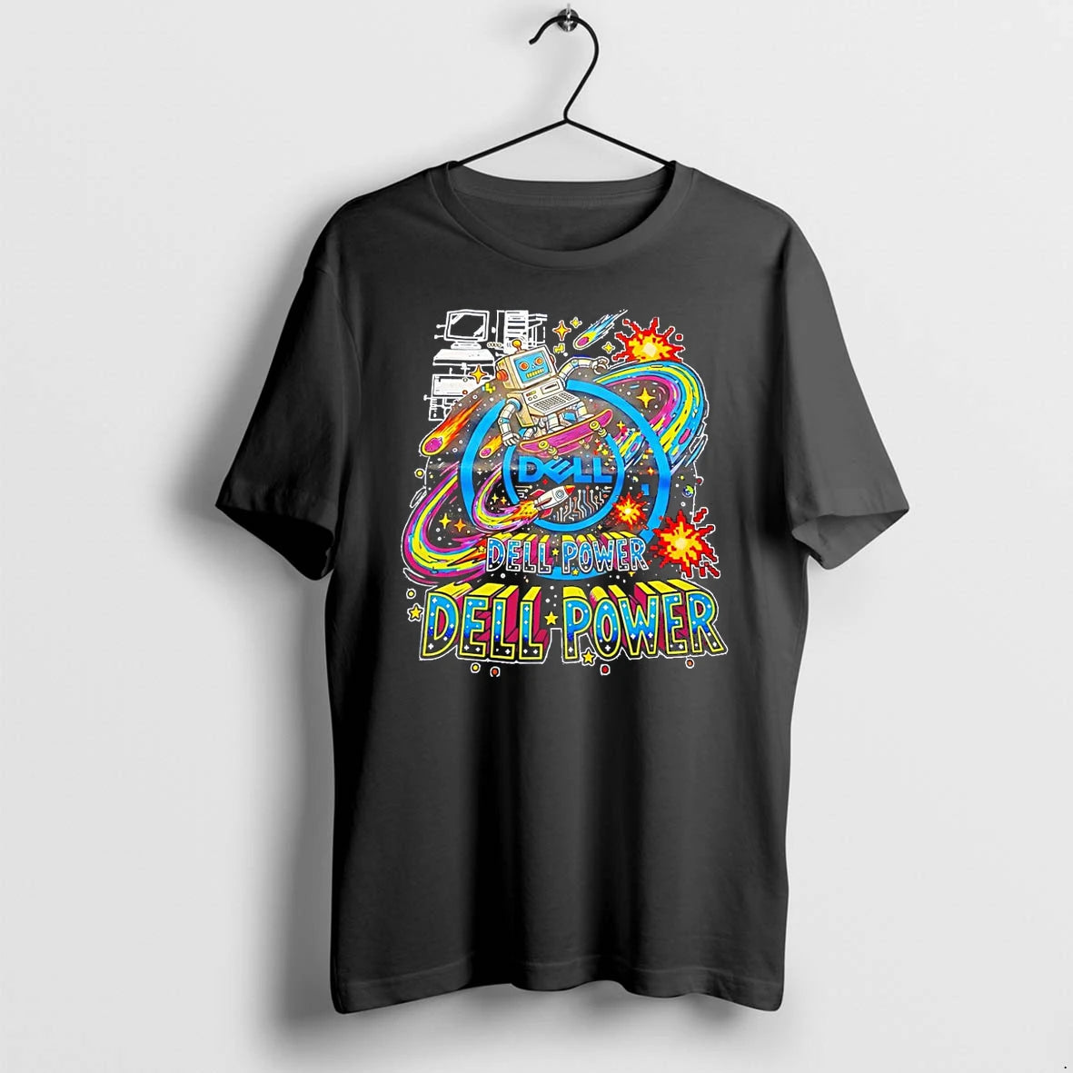 Officials Retro Computer Robot Skateboarding In Space Dell Power Premium T Shirt