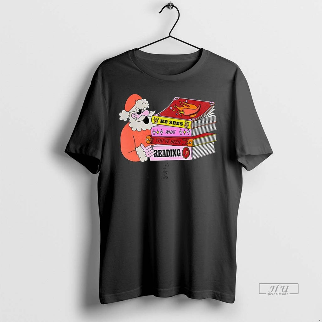 Officials Santa He Sees What Youve Been Reading Christmas Graphic Tee Shirt Sweater