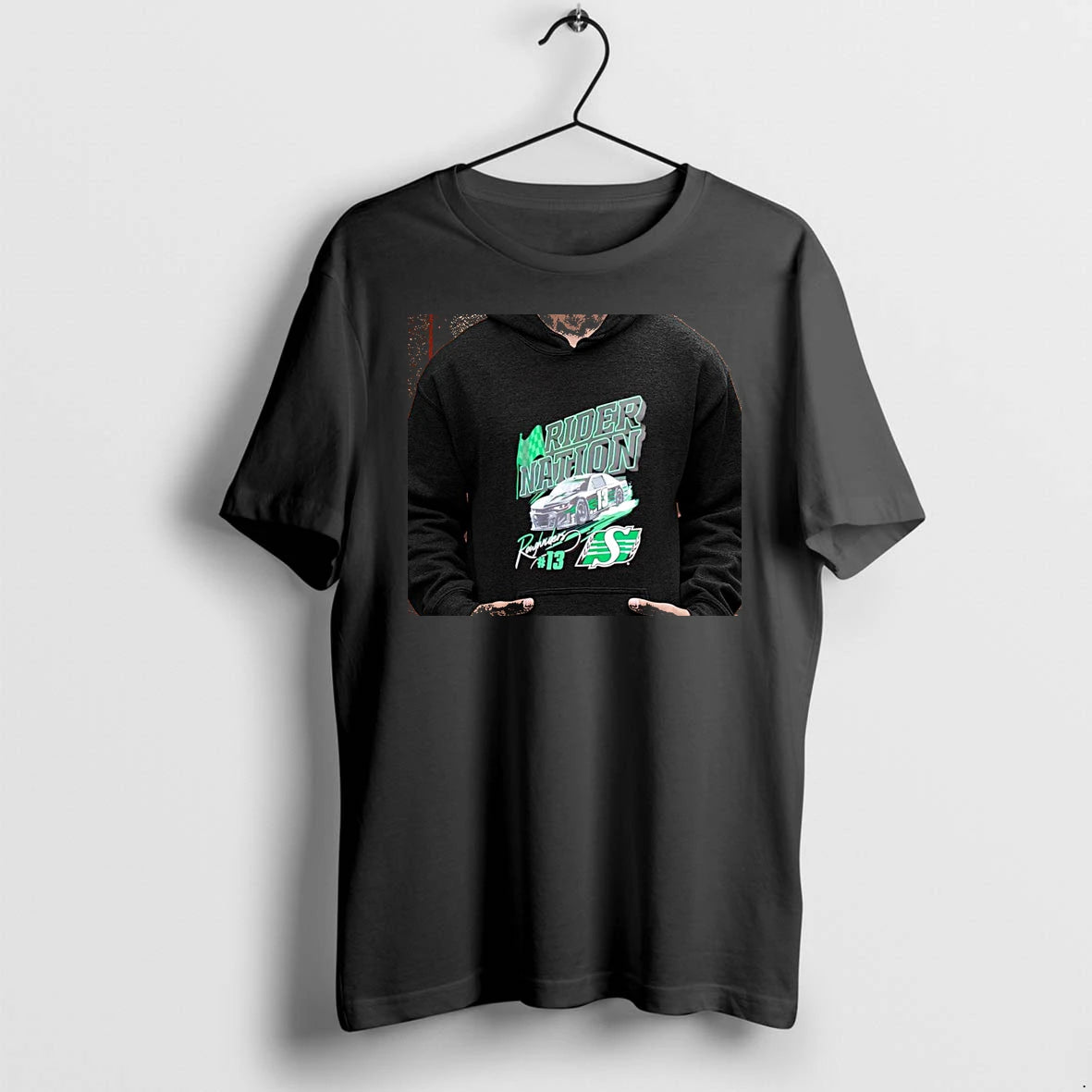 Officials Saskatchewan Roughriders Rider Nation 13 Race Car Mascot Premium T Shirt
