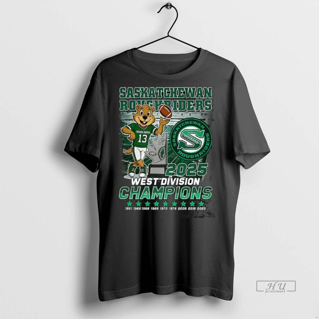 Officials Saskatchewan Roughriders West Division Champions 2025 Trophy Mascot Graphic Tee Shirt Sweater