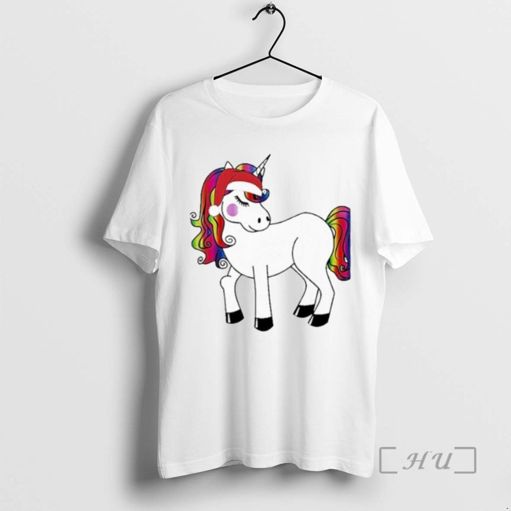 Officials Trending Rainbow Mane Christmas Unicorn Santa Hat Christmas Tee Shirt Sweater