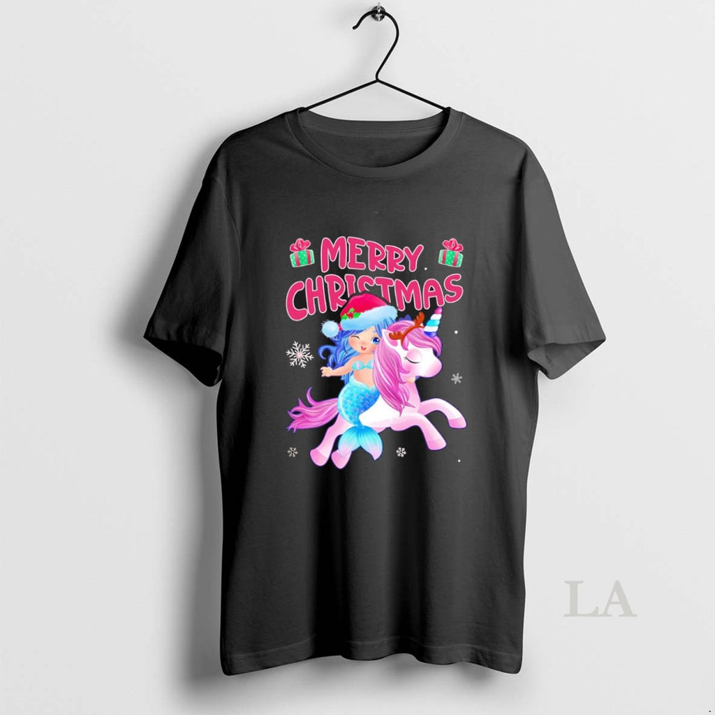 Original Mermaid Riding Unicorn Merry Christmas Fantasy
