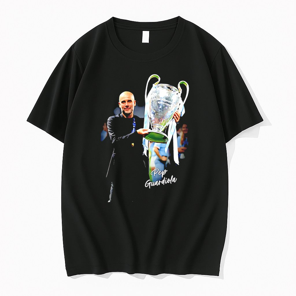 Original Pep Guardiola Manchester City 2026 Champions Holding Trophy Graphic Tee Tshirts