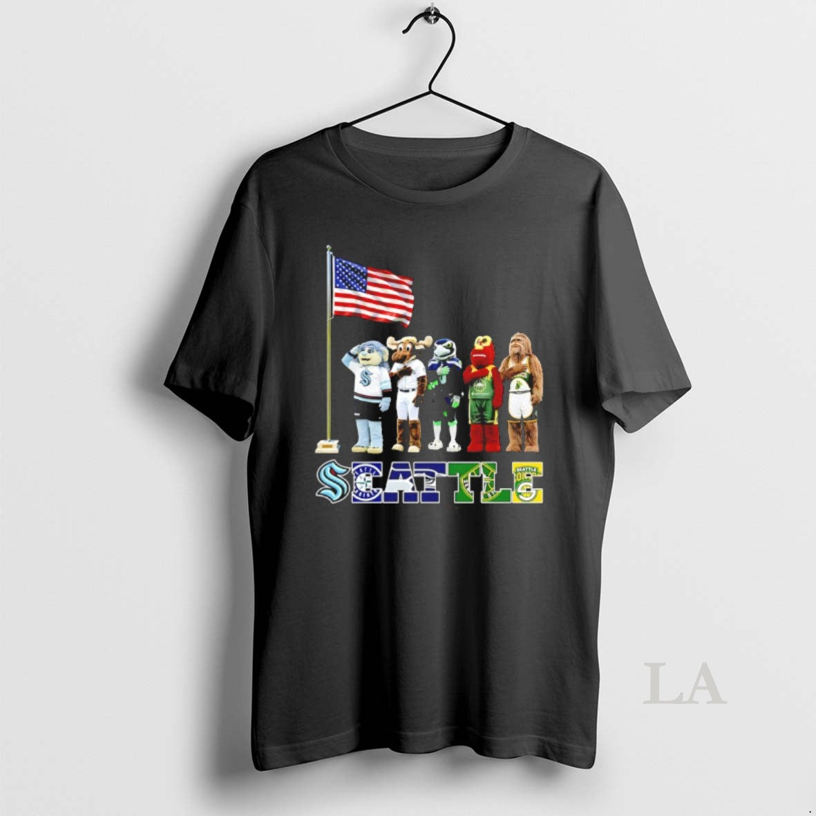 Original Seattle City Sports Mascot Front Of An American Flag
