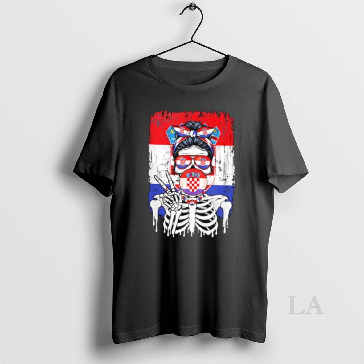 Original Skeleton Girl Croatia Flag Glasses Peace Sign Bubble Gum