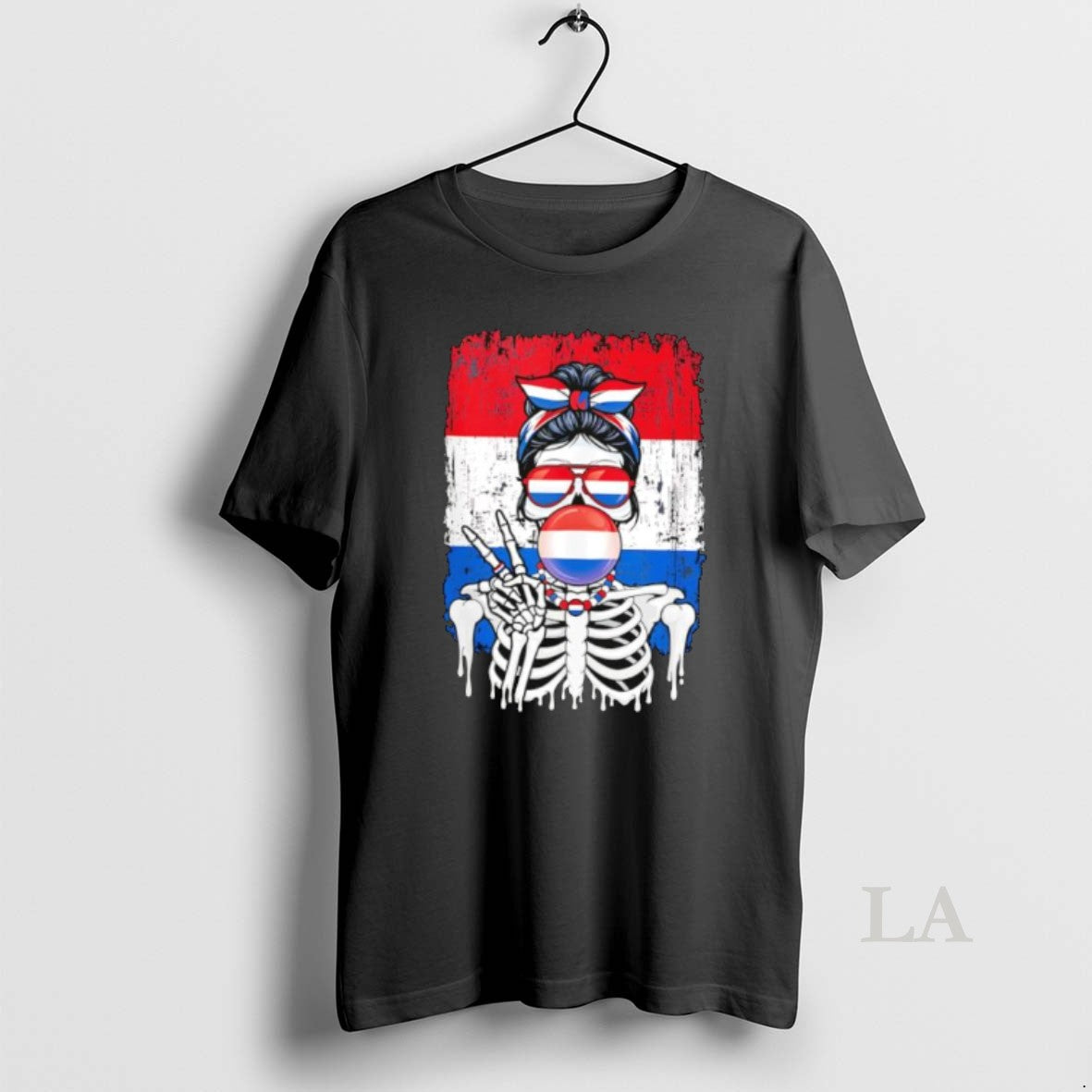 Original Skeleton Girl Netherlands Flag Glasses Peace Sign Bubble Gum