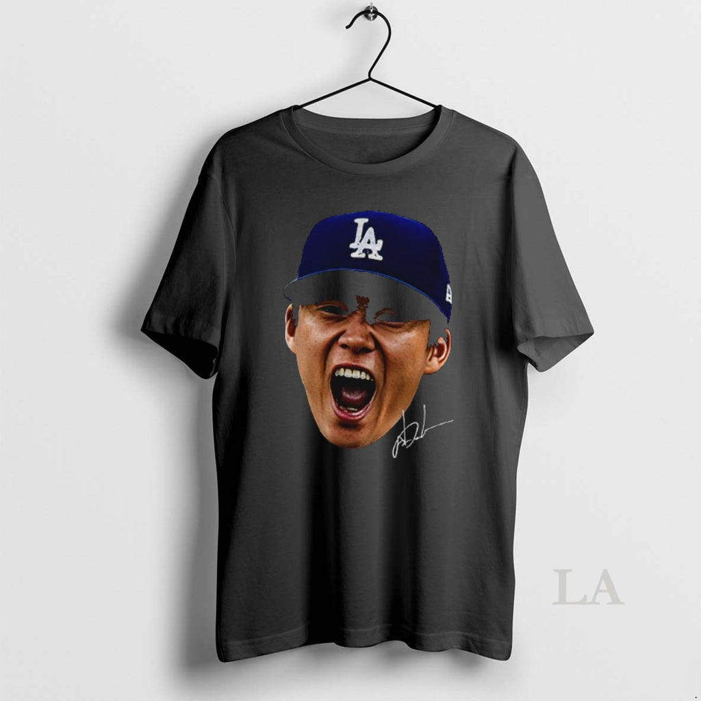 Original Yoshinobu Yamamoto Big Face Fan Inspired Los Angeles Dodgers Meme Signature