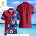 Texas Rangers Hawaiian Shirt Red Blue Emblem Tropical Baseball Apparel