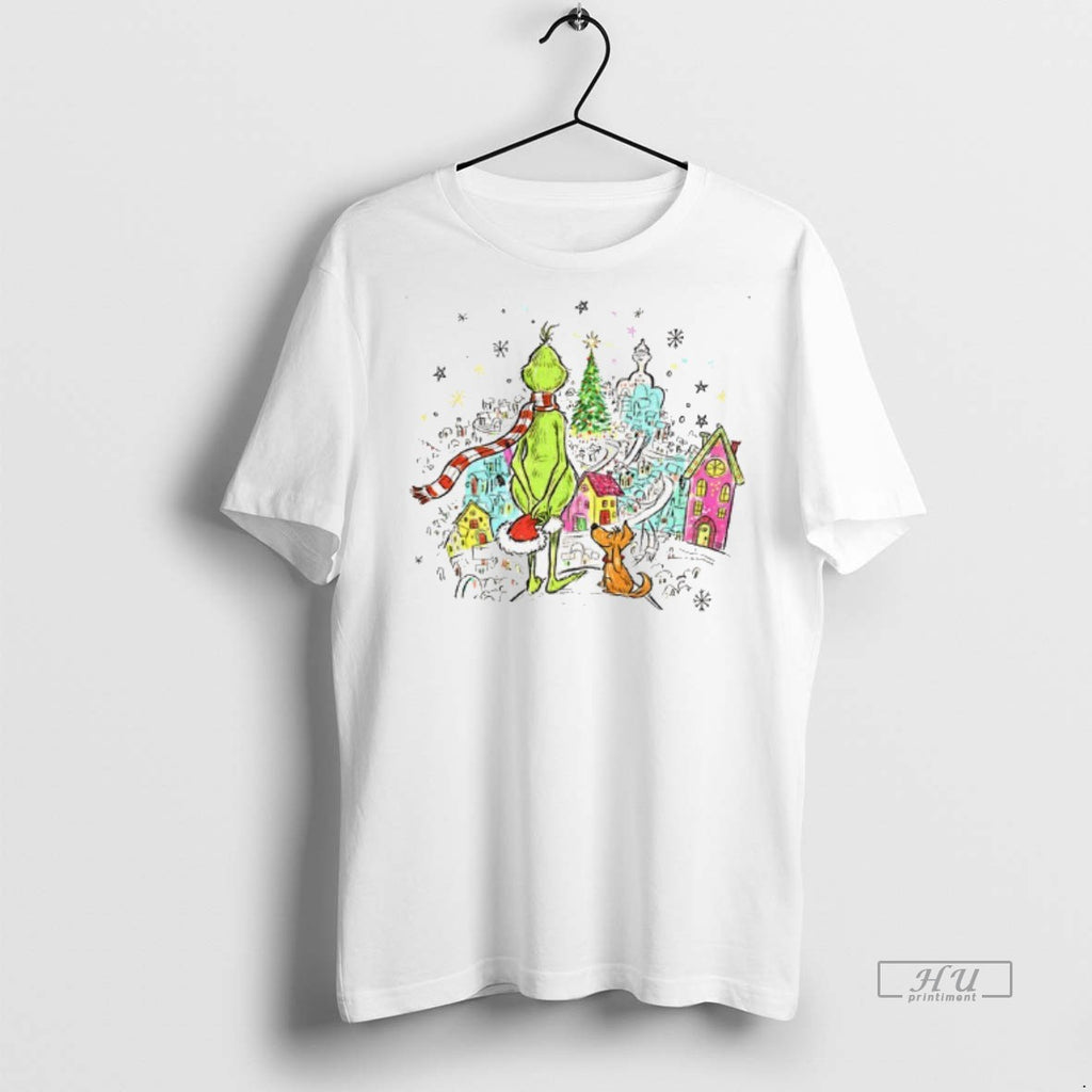 Trending Grinch Santa Hat With Max Whoville Merry Christmas Graphic Tee Shirt Sweater